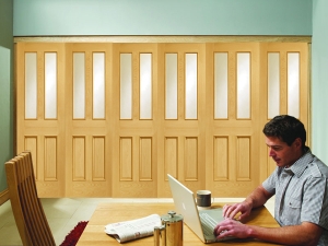 Freefold Malton Raised Mouldings (clear bevelled glass) Oak Internal Folding Sliding Doors